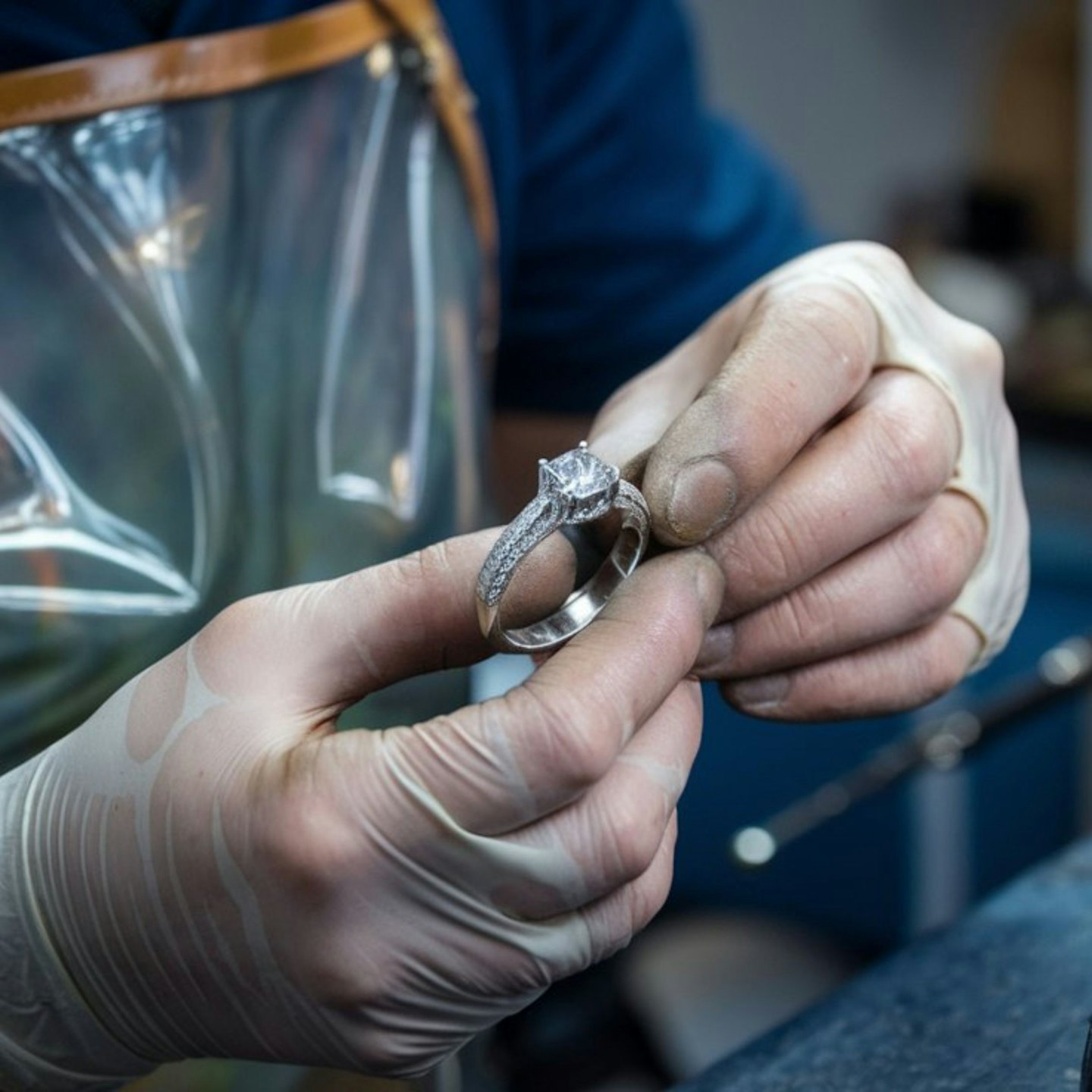 Un gioielliere con guanti esamina un anello di diamanti in un laboratorio.